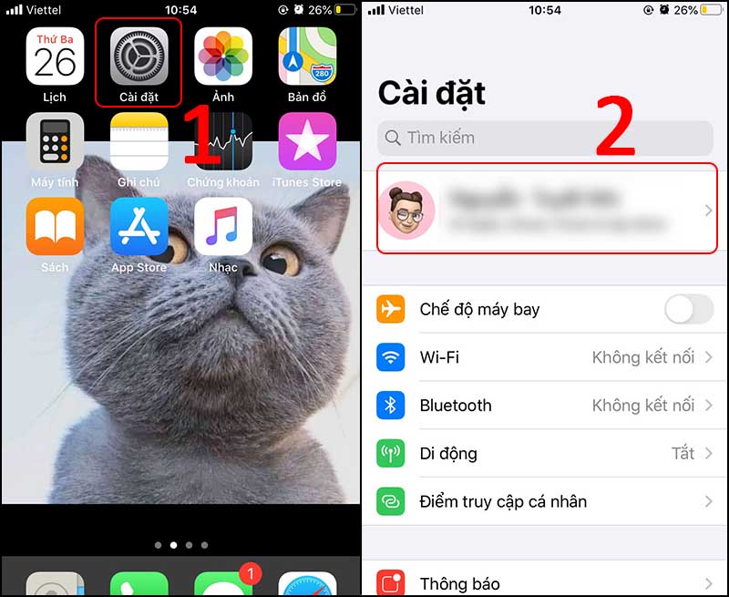  Vào Cài đặt > Chọn mục trên cùng như hình minh họa.  